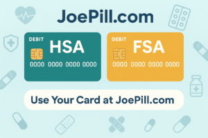 HSA vs FSA: Two debit cards with labels surrounded by health icons and a JoePill.com logo