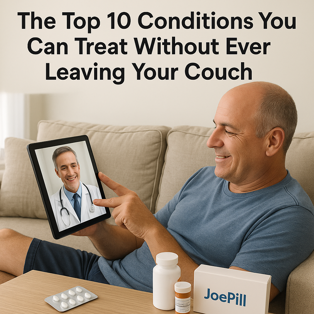 Woman on couch having a telemedicine consultation for common conditions with JoePill.com