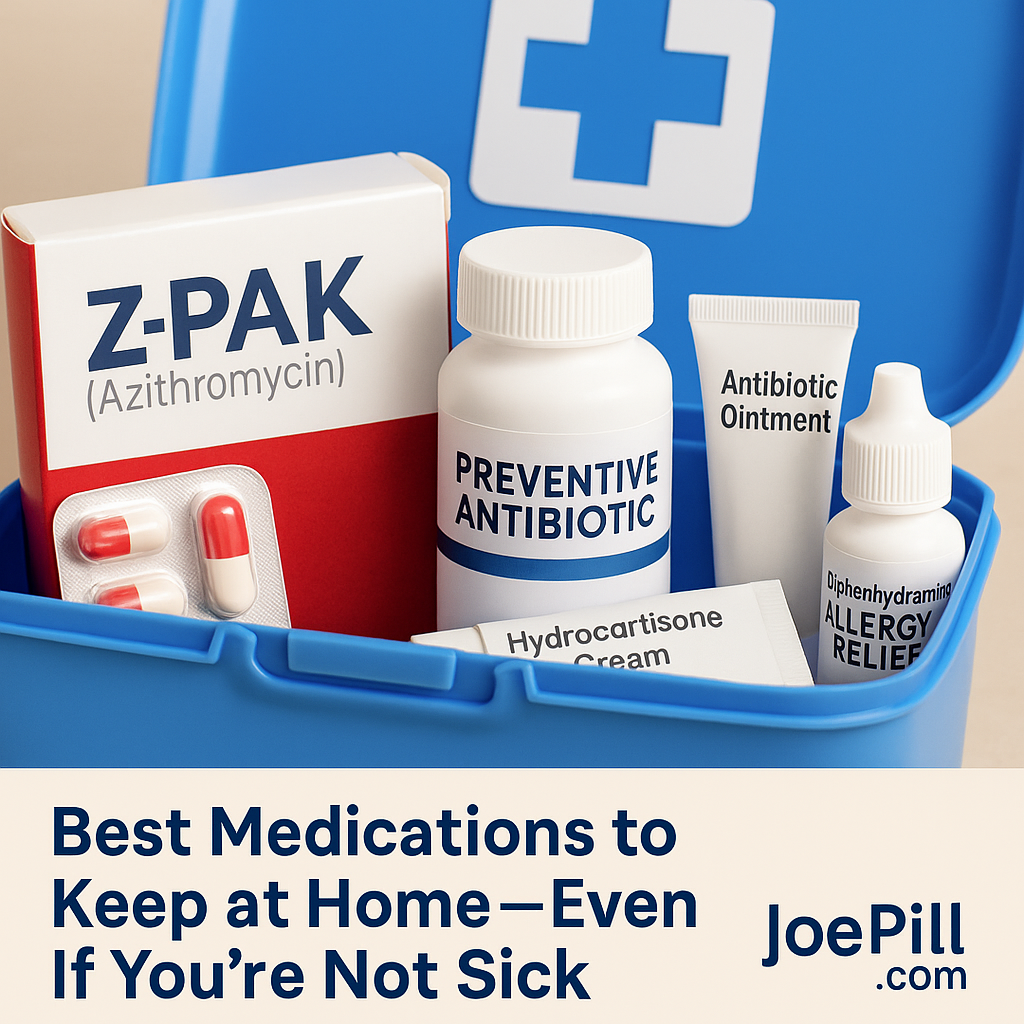 Over-the-counter medications and a first-aid kit on a kitchen counter representing the best medications to keep at home