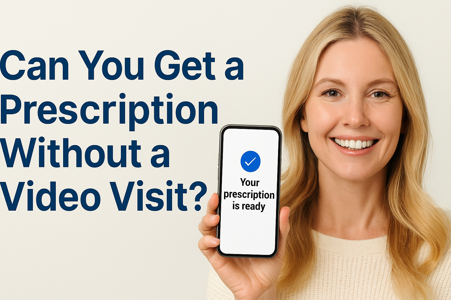 Phone screen says 'Your prescription is ready' next to a smiling woman