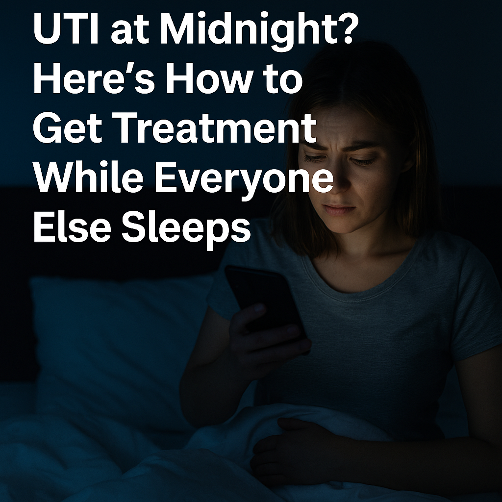 Woman in bed at night looking at phone with UTI symptoms