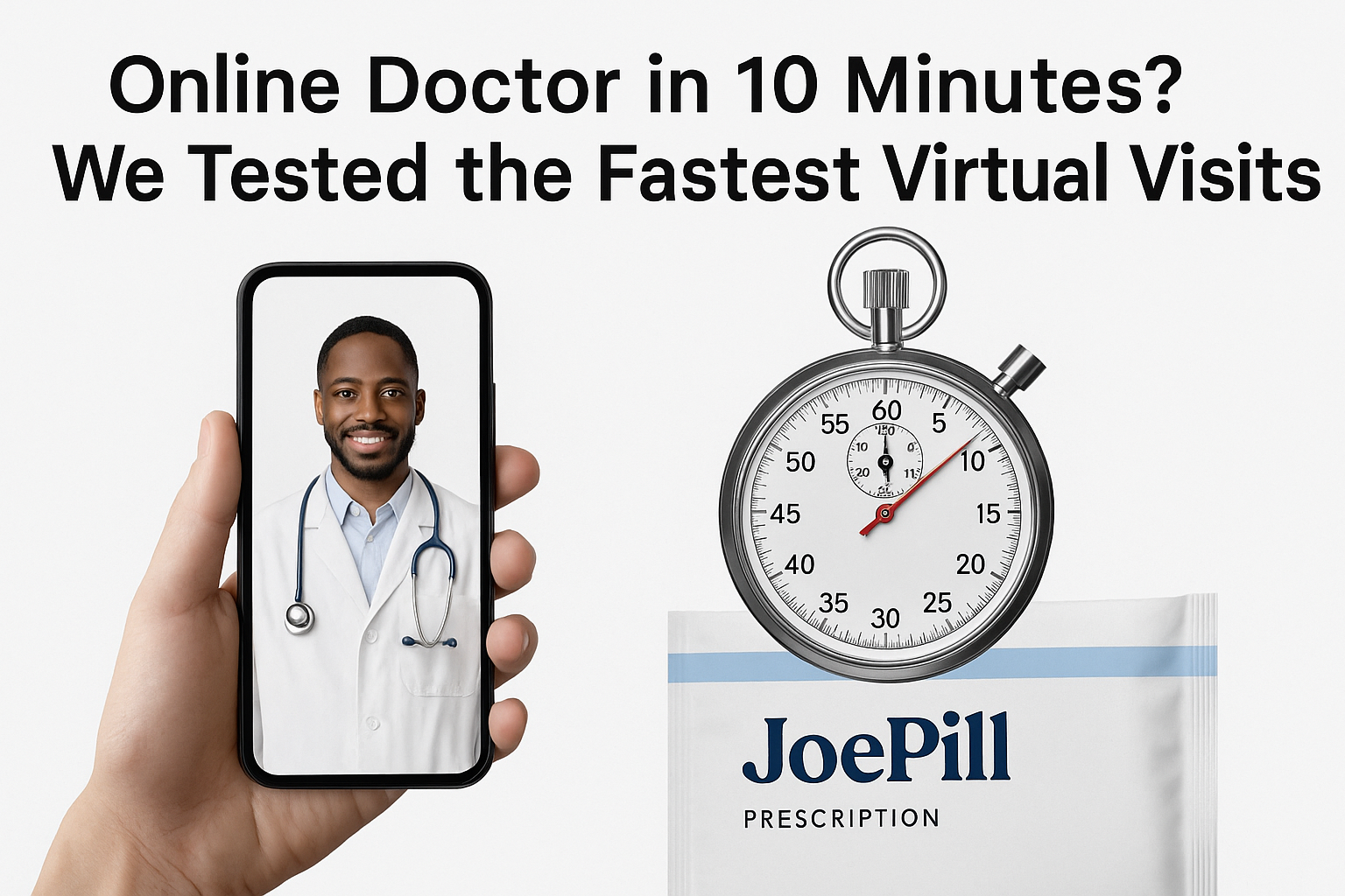 Stopwatch showing 10 minutes with a virtual doctor on phone and JoePill prescription pack