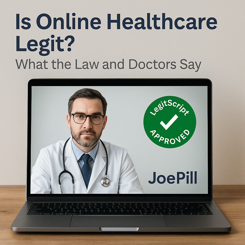 Laptop showing a doctor and a LegitScript-approved badge, with JoePill logo underneath