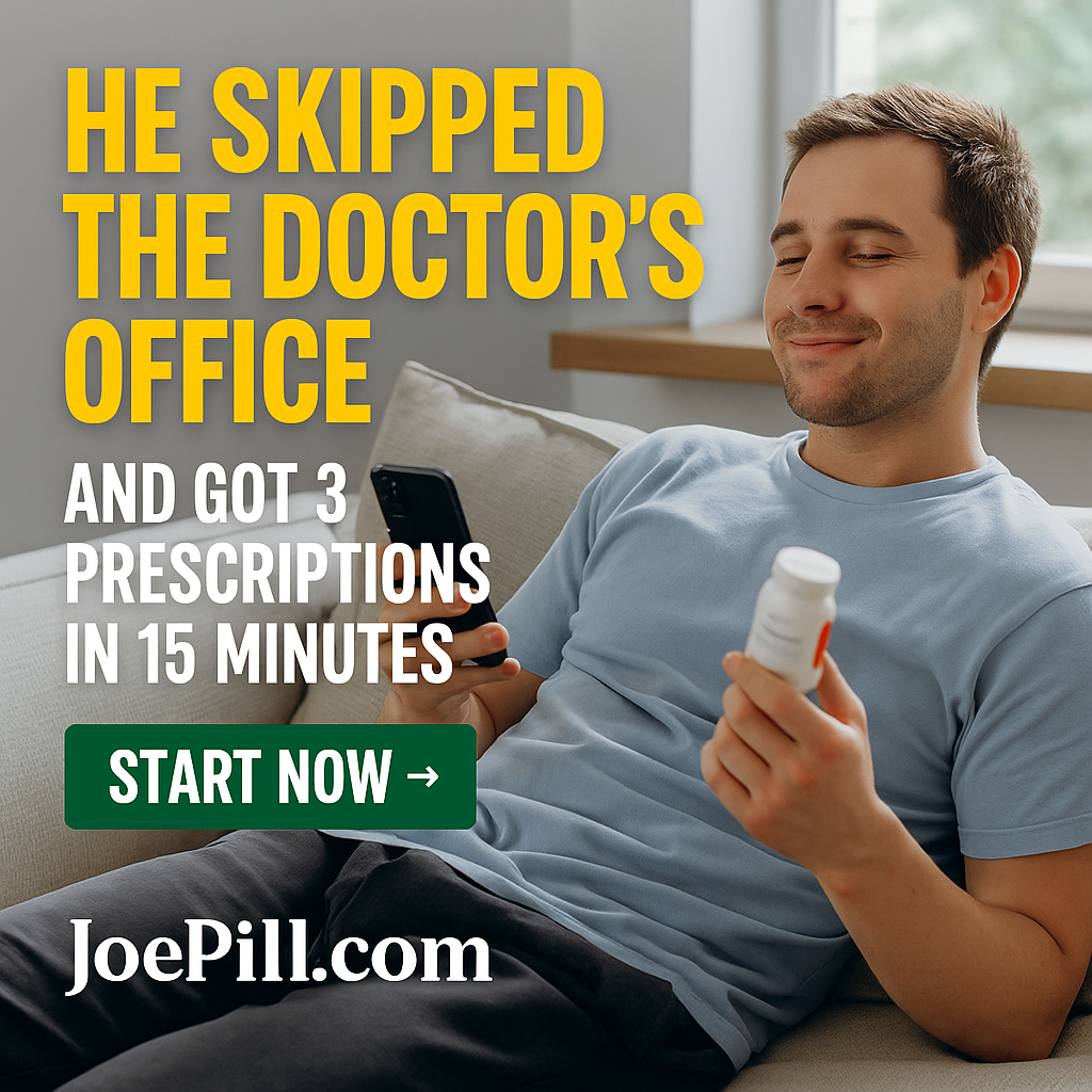 Man relaxing on couch after online doctor visit at JoePill.com with prescriptions in hand