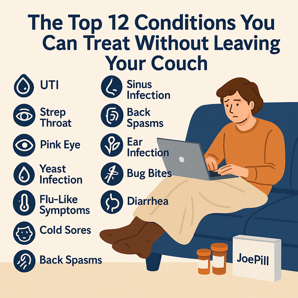 Sick patient on a couch using a laptop for an online doctor visit with JoePill prescription packs beside them